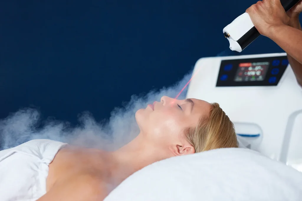 Woman lying on a treatment bed while a clinician uses a handheld laser device on her face, emitting a red beam with surrounding mist.