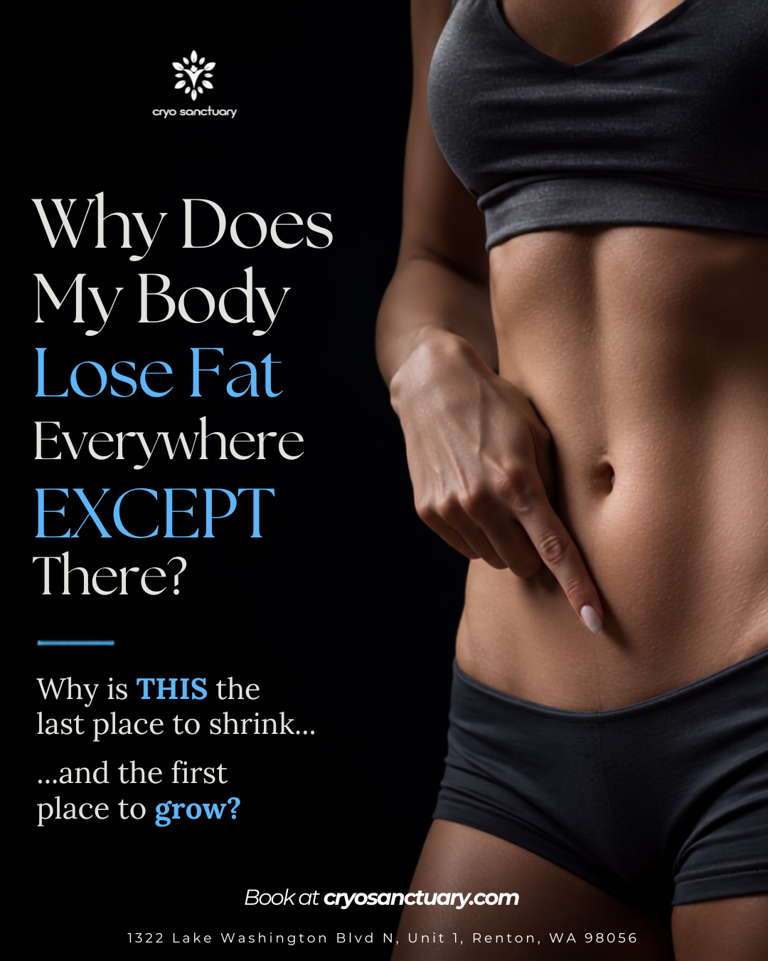 Why stubborn fat won't budge, targeted cryotherapy and EMS at Cryo Sanctuary Renton (slide 1 of 8)